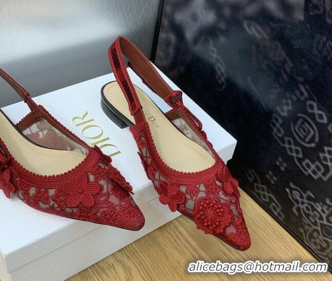 Purchase Dior J'Adior Slingback Ballet Flat in Transparent Mesh Embroidered with Red 3D Macramé-Effect D-Lace Motif 2020