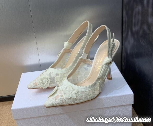 Good Product Dior J'Adior Slingback Pumps 9.5cm in Transparent Mesh Embroidered with White 3D Macramé-Effect D-Lace Moti