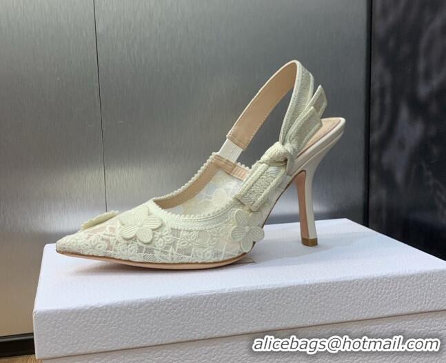 Good Product Dior J'Adior Slingback Pumps 9.5cm in Transparent Mesh Embroidered with White 3D Macramé-Effect D-Lace Moti