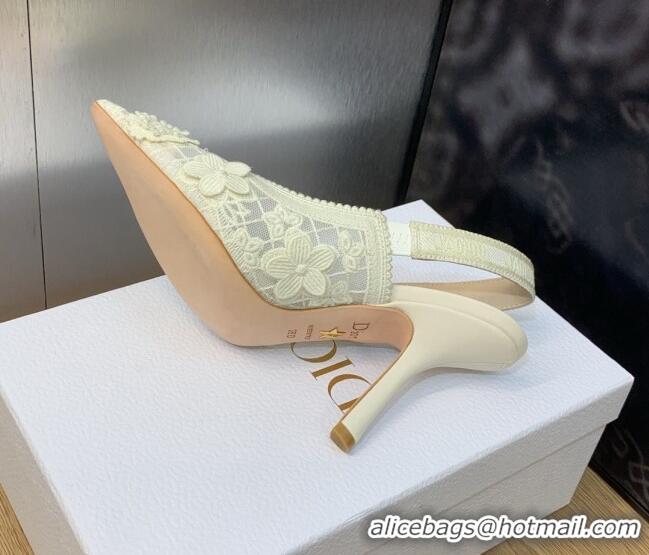 Good Product Dior J'Adior Slingback Pumps 9.5cm in Transparent Mesh Embroidered with White 3D Macramé-Effect D-Lace Moti