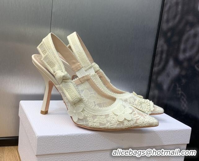 Good Product Dior J'Adior Slingback Pumps 9.5cm in Transparent Mesh Embroidered with White 3D Macramé-Effect D-Lace Moti