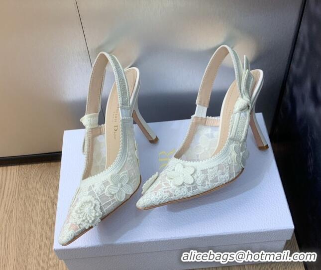 Good Product Dior J'Adior Slingback Pumps 9.5cm in Transparent Mesh Embroidered with White 3D Macramé-Effect D-Lace Moti