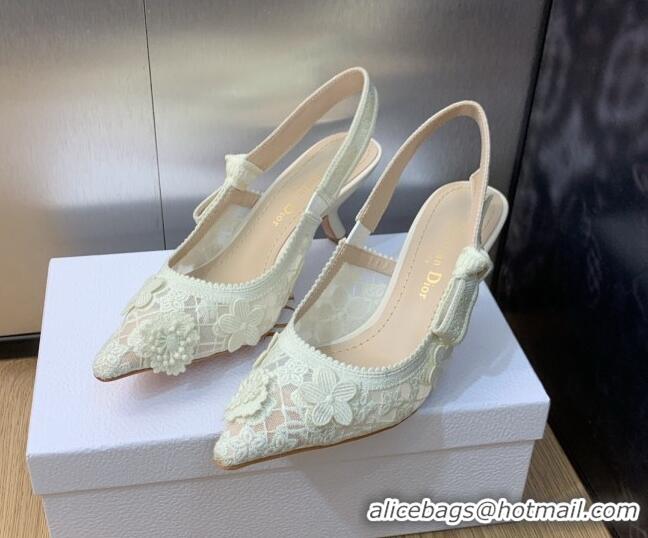 Pretty Style Dior J'Adior Slingback Pumps 6.5cm in Transparent Mesh Embroidered with White 3D Macramé-Effect D-Lace Moti