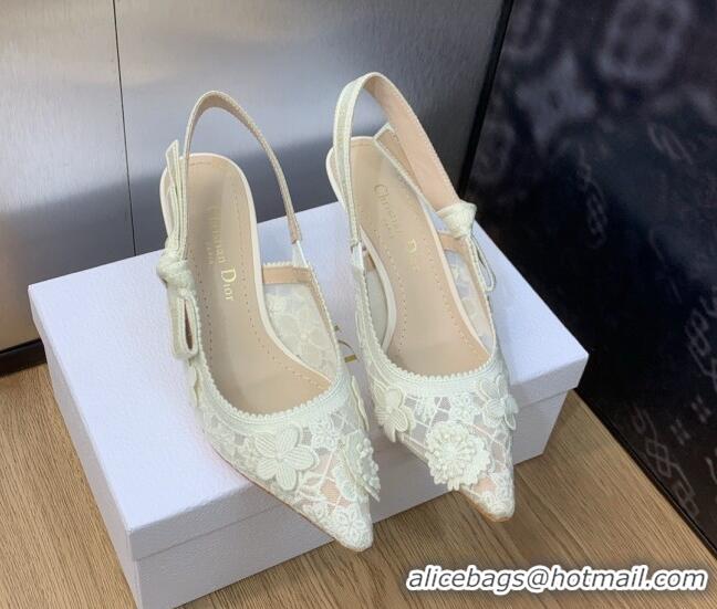 Pretty Style Dior J'Adior Slingback Pumps 6.5cm in Transparent Mesh Embroidered with White 3D Macramé-Effect D-Lace Moti