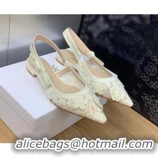 Good Quality Dior J'Adior Slingback Ballet Flat in Transparent Mesh Embroidered with White 3D Macramé-Effect D-Lace Moti