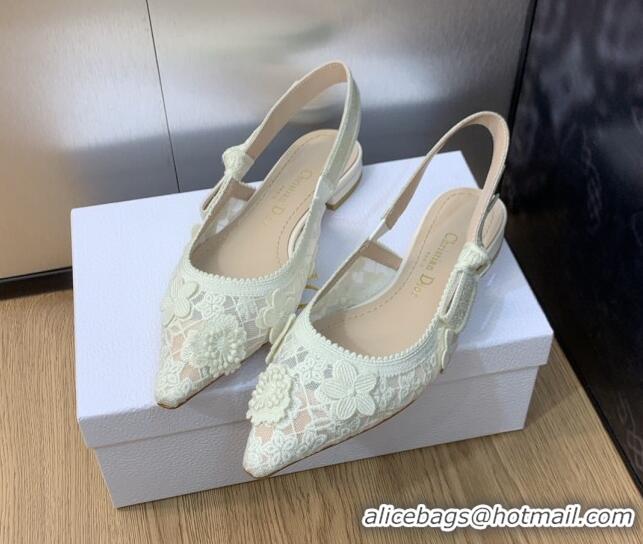 Good Quality Dior J'Adior Slingback Ballet Flat in Transparent Mesh Embroidered with White 3D Macramé-Effect D-Lace Moti