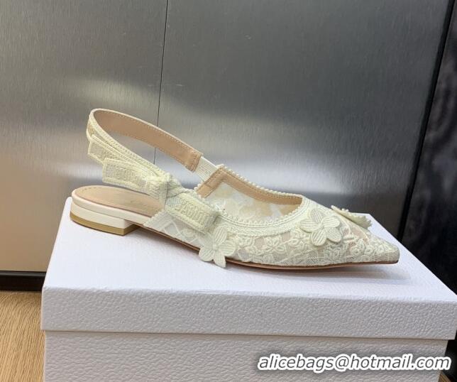 Good Quality Dior J'Adior Slingback Ballet Flat in Transparent Mesh Embroidered with White 3D Macramé-Effect D-Lace Moti