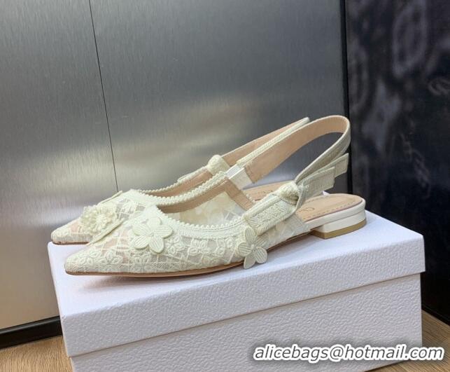 Good Quality Dior J'Adior Slingback Ballet Flat in Transparent Mesh Embroidered with White 3D Macramé-Effect D-Lace Moti