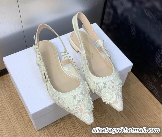 Good Quality Dior J'Adior Slingback Ballet Flat in Transparent Mesh Embroidered with White 3D Macramé-Effect D-Lace Moti