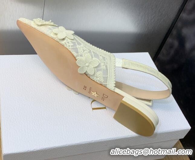 Good Quality Dior J'Adior Slingback Ballet Flat in Transparent Mesh Embroidered with White 3D Macramé-Effect D-Lace Moti