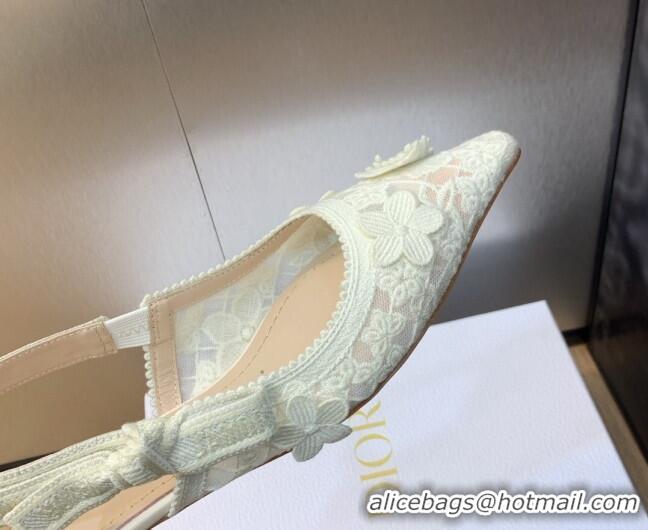 Good Quality Dior J'Adior Slingback Ballet Flat in Transparent Mesh Embroidered with White 3D Macramé-Effect D-Lace Moti