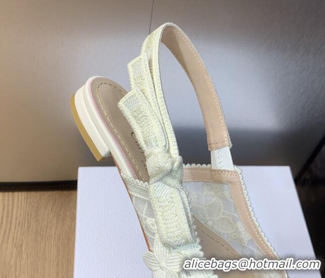 Good Quality Dior J'Adior Slingback Ballet Flat in Transparent Mesh Embroidered with White 3D Macramé-Effect D-Lace Moti