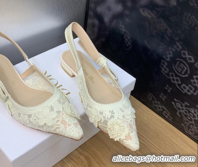 Good Quality Dior J'Adior Slingback Ballet Flat in Transparent Mesh Embroidered with White 3D Macramé-Effect D-Lace Moti