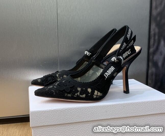 Low Cost Dior J'Adior Slingback Pumps 9.5cm in Transparent Mesh Embroidered with Black 3D Macramé-Effect D-Lace Motif 20