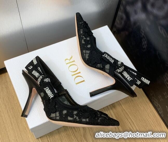 Low Cost Dior J'Adior Slingback Pumps 9.5cm in Transparent Mesh Embroidered with Black 3D Macramé-Effect D-Lace Motif 20