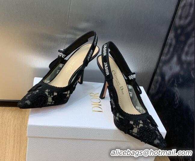 Low Cost Dior J'Adior Slingback Pumps 9.5cm in Transparent Mesh Embroidered with Black 3D Macramé-Effect D-Lace Motif 20