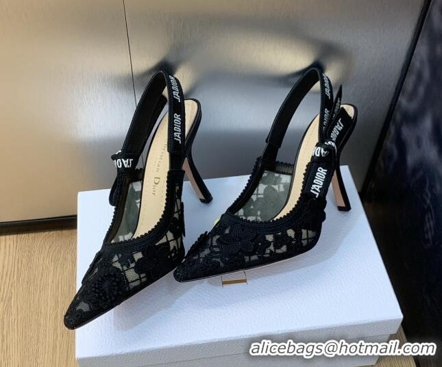 Low Cost Dior J'Adior Slingback Pumps 9.5cm in Transparent Mesh Embroidered with Black 3D Macramé-Effect D-Lace Motif 20