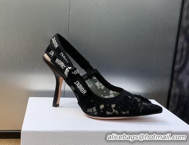 Low Cost Dior J'Adior Slingback Pumps 9.5cm in Transparent Mesh Embroidered with Black 3D Macramé-Effect D-Lace Motif 20