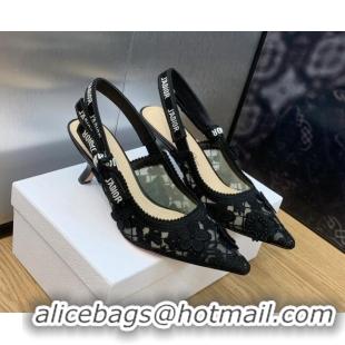 Top Grade Dior J'Adior Slingback Pumps 6.5cm in Transparent Mesh Embroidered with Black 3D Macramé-Effect D-Lace Motif 2