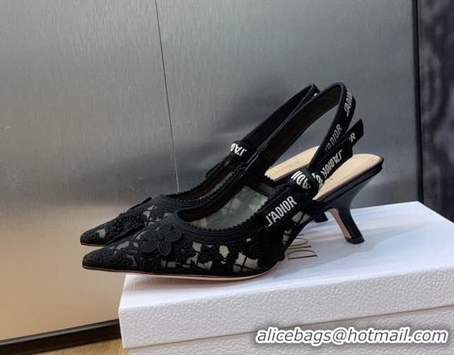 Top Grade Dior J'Adior Slingback Pumps 6.5cm in Transparent Mesh Embroidered with Black 3D Macramé-Effect D-Lace Motif 2