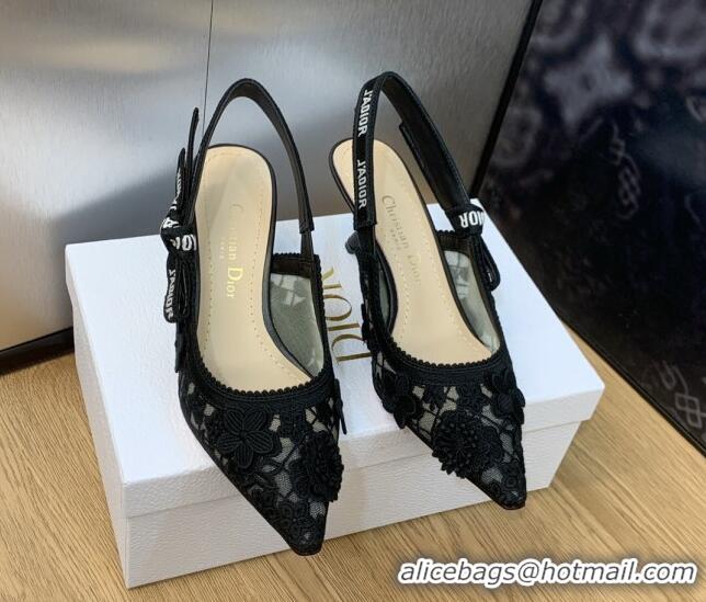 Top Grade Dior J'Adior Slingback Pumps 6.5cm in Transparent Mesh Embroidered with Black 3D Macramé-Effect D-Lace Motif 2