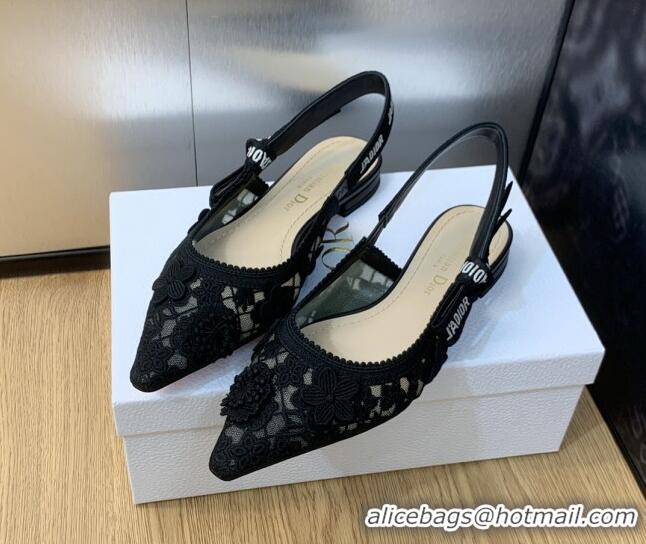 Popular Style Dior J'Adior Slingback Ballet Flat in Transparent Mesh Embroidered with Black 3D Macramé-Effect D-Lace Mot