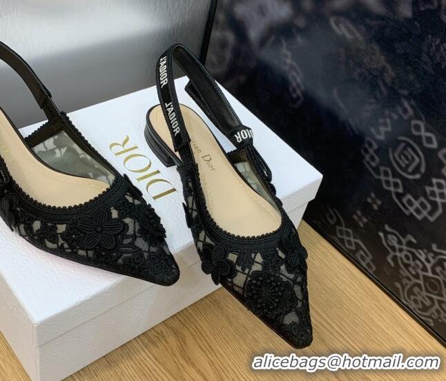 Popular Style Dior J'Adior Slingback Ballet Flat in Transparent Mesh Embroidered with Black 3D Macramé-Effect D-Lace Mot