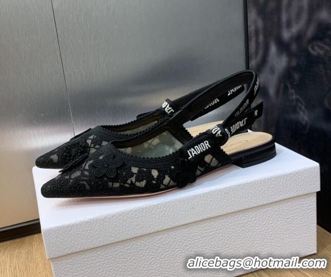 Popular Style Dior J'Adior Slingback Ballet Flat in Transparent Mesh Embroidered with Black 3D Macramé-Effect D-Lace Mot