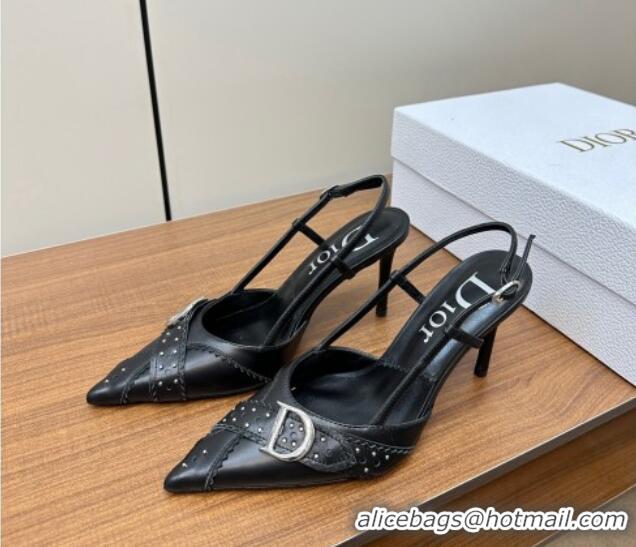 Sophisticated Dior D-Buckle Slingback Pumps in Calfskin with Studs Black 202031