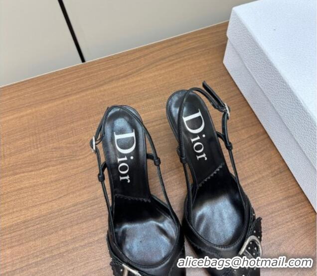 Sophisticated Dior D-Buckle Slingback Pumps in Calfskin with Studs Black 202031