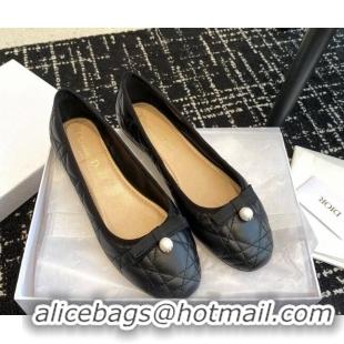 Perfect Dior Ballet Flat in Quilted Cannage Calfskin with Pearl Bow Black 202033