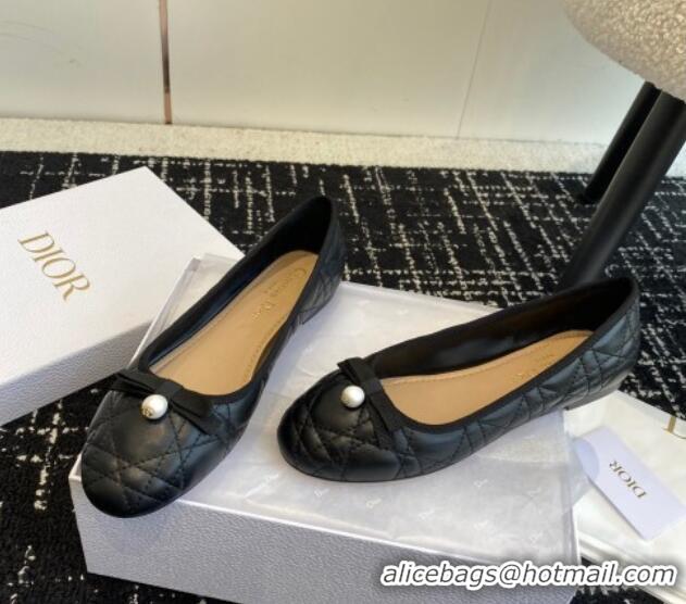 Perfect Dior Ballet Flat in Quilted Cannage Calfskin with Pearl Bow Black 202033