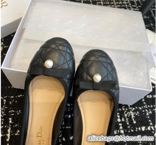 Perfect Dior Ballet Flat in Quilted Cannage Calfskin with Pearl Bow Black 202033