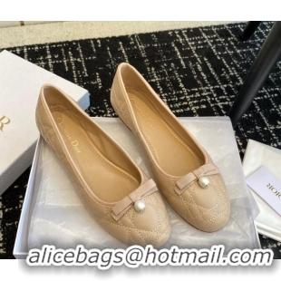 Luxury Cheap Dior Ballet Flat in Quilted Cannage Calfskin with Pearl Bow Nude 202036