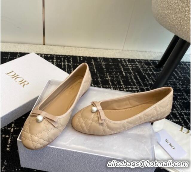 Luxury Cheap Dior Ballet Flat in Quilted Cannage Calfskin with Pearl Bow Nude 202036