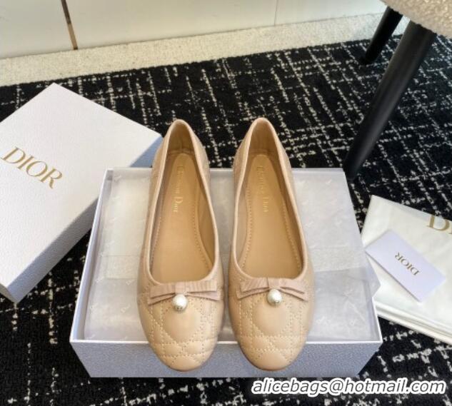 Luxury Cheap Dior Ballet Flat in Quilted Cannage Calfskin with Pearl Bow Nude 202036