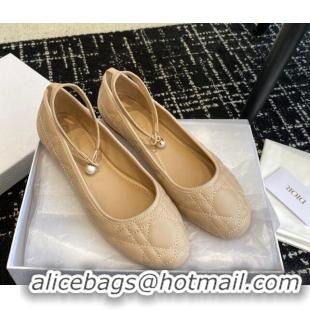 Charming Dior Ballet Flat in Quilted Cannage Calfskin with Pearls Ankle Strap Nude 1202035