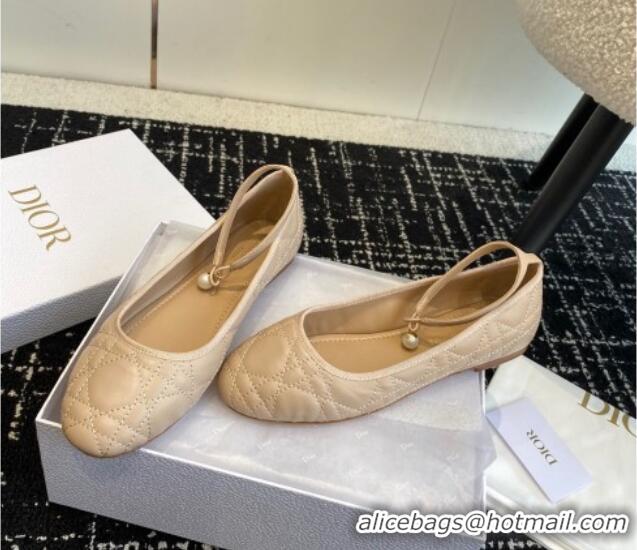 Charming Dior Ballet Flat in Quilted Cannage Calfskin with Pearls Ankle Strap Nude 1202035