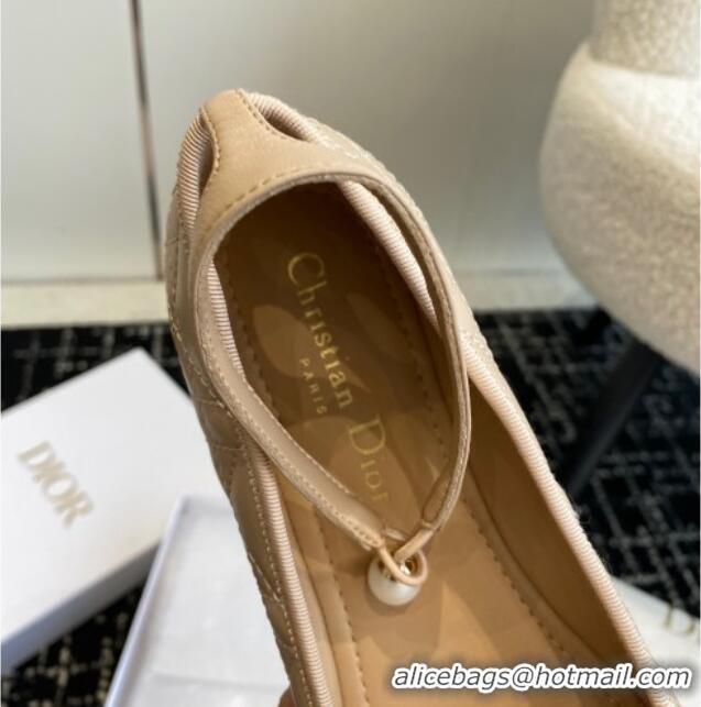 Charming Dior Ballet Flat in Quilted Cannage Calfskin with Pearls Ankle Strap Nude 1202035