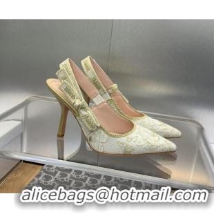 Stylish Dior J'Adior Slingback Pumps 9.5cm in White and Gold-Tone Toile de Jouy Mexico Embroidered Cotton with Metallic 