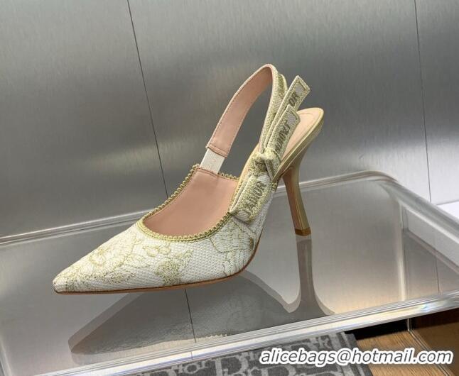 Stylish Dior J'Adior Slingback Pumps 9.5cm in White and Gold-Tone Toile de Jouy Mexico Embroidered Cotton with Metallic 