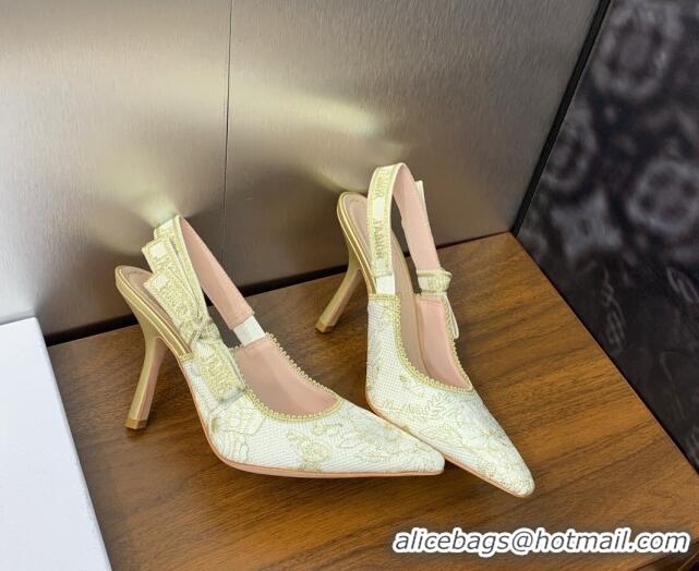 Stylish Dior J'Adior Slingback Pumps 9.5cm in White and Gold-Tone Toile de Jouy Mexico Embroidered Cotton with Metallic 