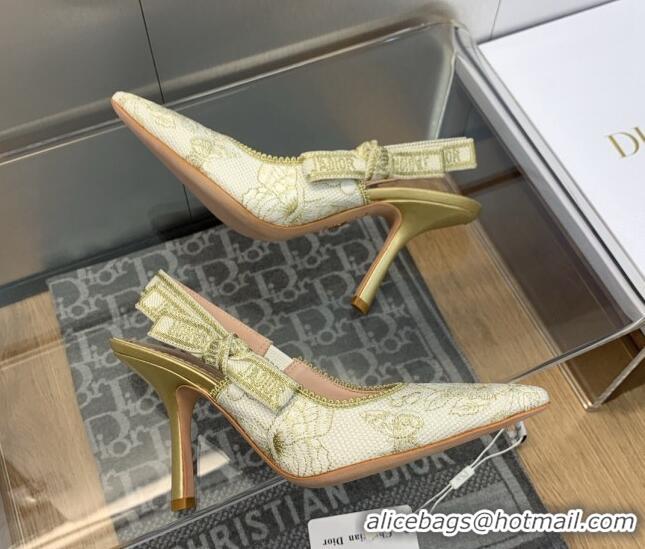 Stylish Dior J'Adior Slingback Pumps 9.5cm in White and Gold-Tone Toile de Jouy Mexico Embroidered Cotton with Metallic 