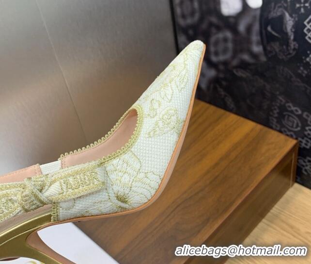 Stylish Dior J'Adior Slingback Pumps 9.5cm in White and Gold-Tone Toile de Jouy Mexico Embroidered Cotton with Metallic 