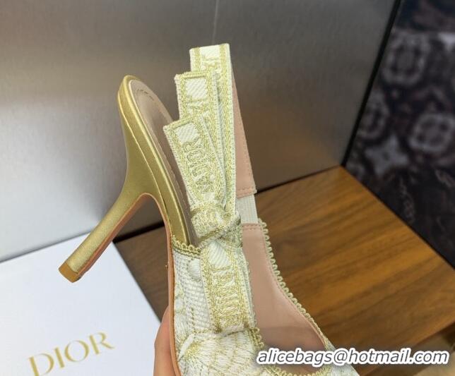 Stylish Dior J'Adior Slingback Pumps 9.5cm in White and Gold-Tone Toile de Jouy Mexico Embroidered Cotton with Metallic 