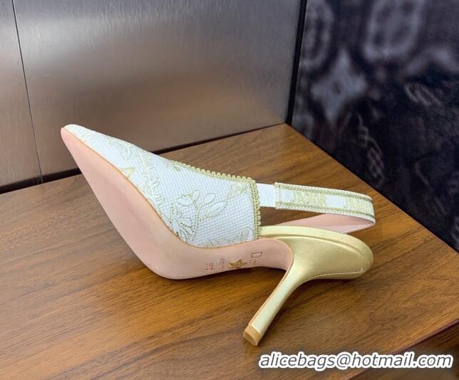 Stylish Dior J'Adior Slingback Pumps 9.5cm in White and Gold-Tone Toile de Jouy Mexico Embroidered Cotton with Metallic 