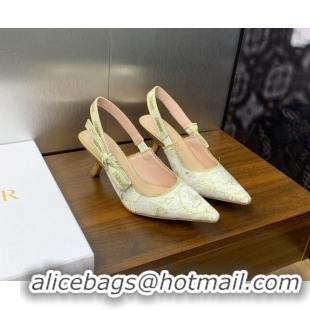 Pretty Style Dior J'Adior Slingback Pumps 6.5cm in White and Gold-Tone Toile de Jouy Mexico Embroidered Cotton with Meta