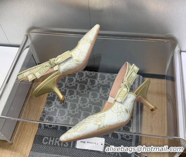 Pretty Style Dior J'Adior Slingback Pumps 6.5cm in White and Gold-Tone Toile de Jouy Mexico Embroidered Cotton with Meta