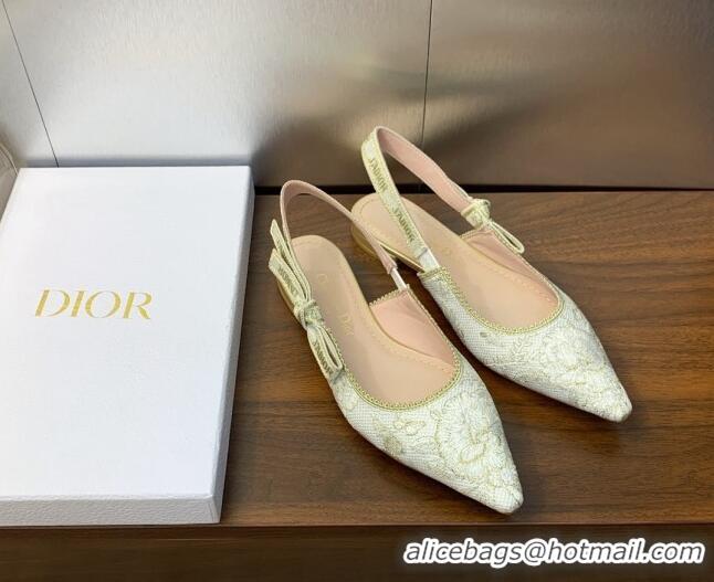 Top Grade Dior J'Adior Slingback Ballet Flat in White and Gold-Tone Toile de Jouy Mexico Embroidered Cotton with Metalli