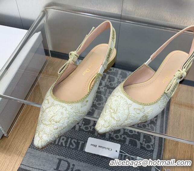 Top Grade Dior J'Adior Slingback Ballet Flat in White and Gold-Tone Toile de Jouy Mexico Embroidered Cotton with Metalli